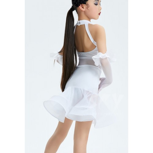 White ruffles latin dance dresses for kids girls children salsa rumba chacha lace stage performance tango dance wear modern dance outfits for Kids with gloves